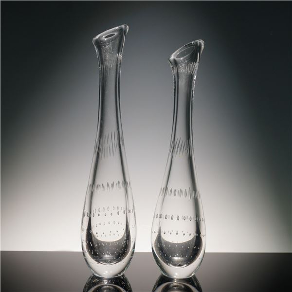 2pc Kosta Glass Vases, Etched Design & Bubbled Pattern, LH 1331