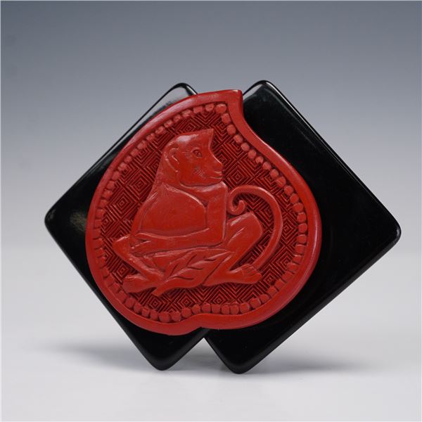 Sunya Currie Art Deco Style Monkey Brooch with Cinnabar Carving