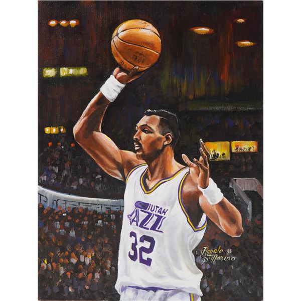 Angelo Marino, Oil on Canvas Painting, NBA Karl Malone Utah Jazz, Signed