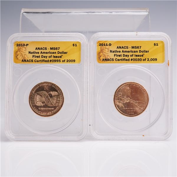 2pc 2010-P & 2011-D Native American Dollar Coins ANACS Graded MS 67
