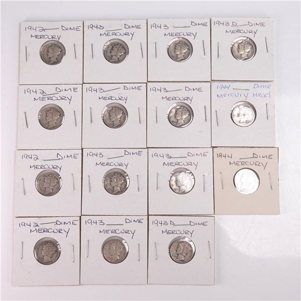 15pc Silver Mercury Dimes 1942-1944 Lot