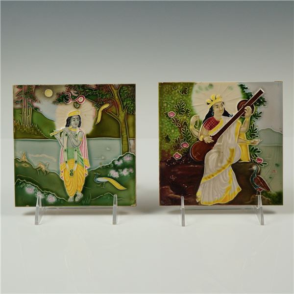 2pc Japanese SAJI Tile Works Figural Tiles
