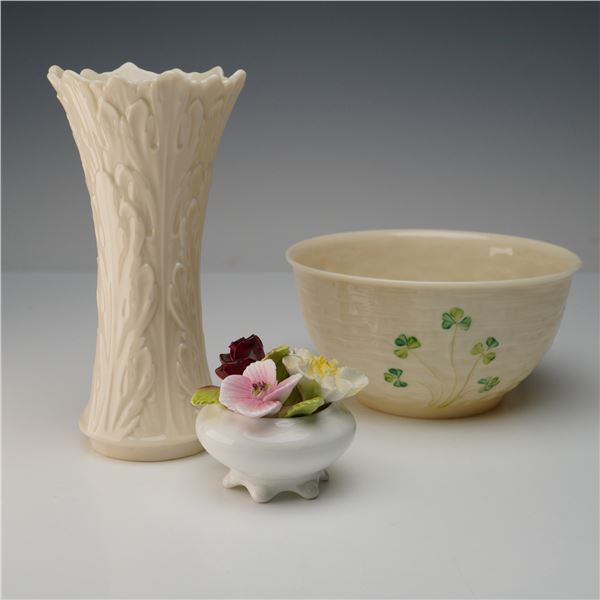 3pc Belleek Bowl, Lenox Woodland Vase, Coalport Bone China Flower Figurine