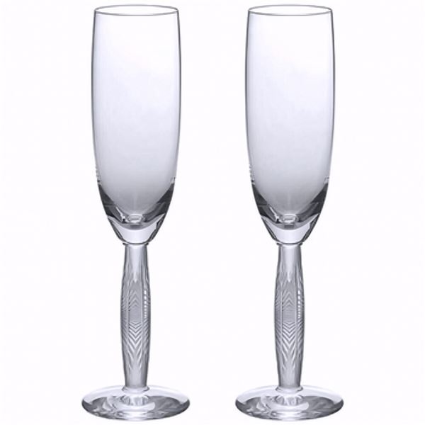 Pair of Lalique Crystal Champagne Flutes, Diamond Diamant, Sealed Box
