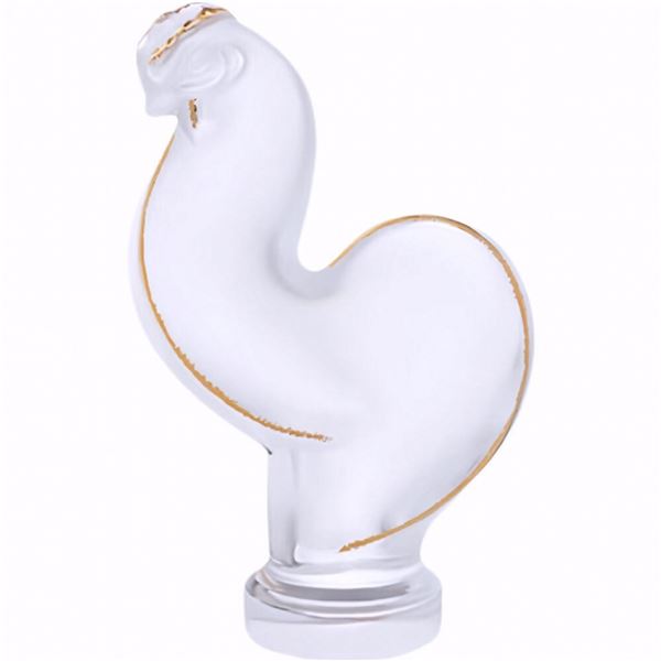 Lalique Crystal Figurine, Rooster Clear and Gold, Sealed Box