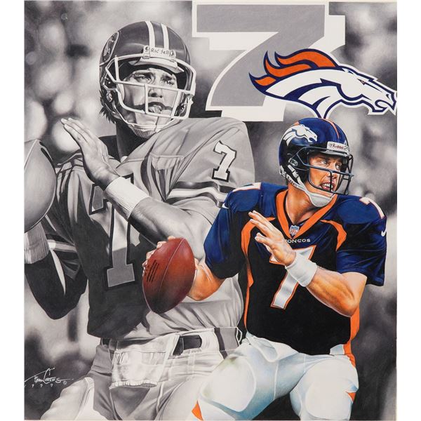 Original Mixed Media Drawing by Tim Cortes Depicting John Elway, Signed