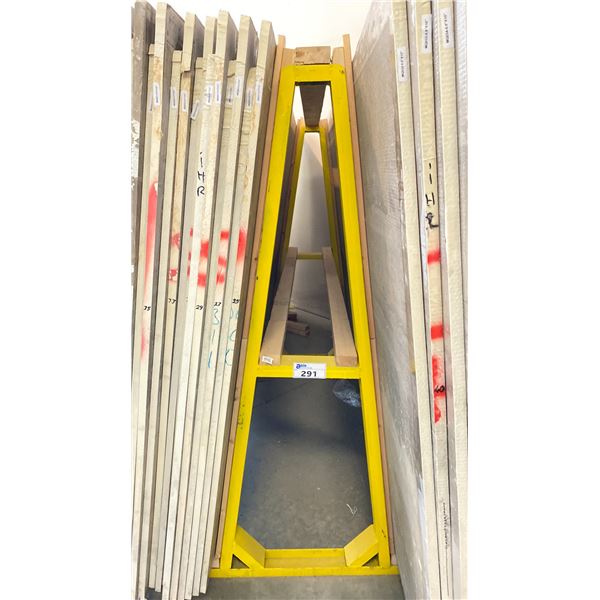YELLOW METAL A-FRAME MATERIAL STORAGE RACK - 60" ACROSS X 60" WIDE AT BASE X 64 1/2" WIDE