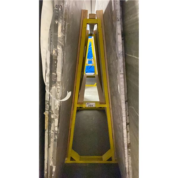 YELLOW METAL A-FRAME MATERIAL STORAGE RACK - 60" ACROSS X 60" WIDE AT BASE X 64 1/2" WIDE