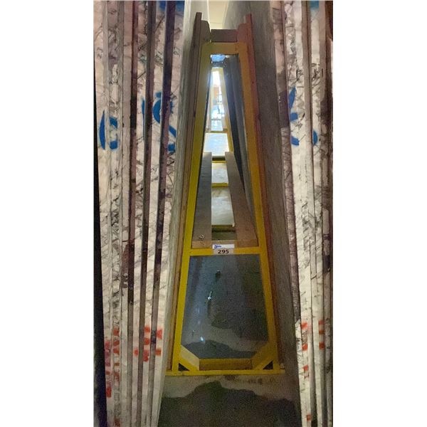YELLOW METAL A-FRAME MATERIAL STORAGE RACK - 60" ACROSS X 60" WIDE AT BASE X 64 1/2" WIDE