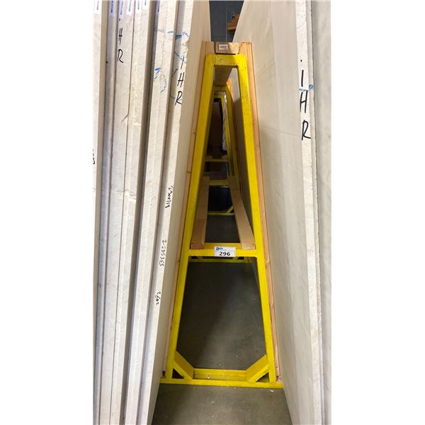 YELLOW METAL A-FRAME MATERIAL STORAGE RACK - 60" ACROSS X 60" WIDE AT BASE X 64 1/2" WIDE