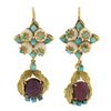 Image 5 : Vintage 18K Gold Bead Coral & Cabochon Ruby w/ Turquoise Drop Dangle Earrings