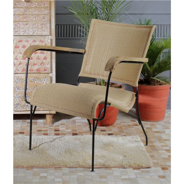 Metal Frame Rattan Armchair, Beige,
