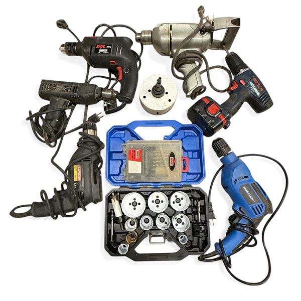 Assorted Power Tool Lot - Drills, Recip Saw, Router Base & Accessories