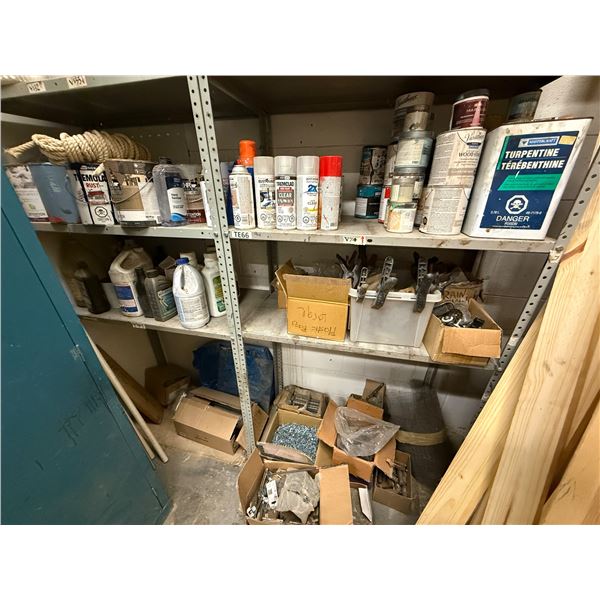 Large Assorted Workshop Lot: Paints, Stains, Spray Cans, Solvents, Clamps, Hardware & More