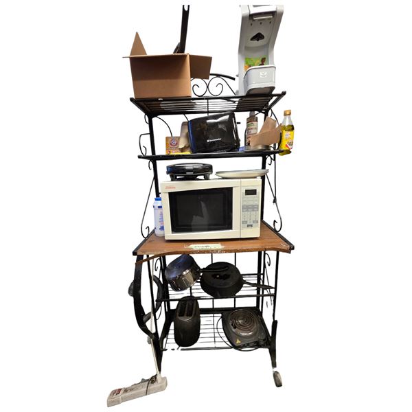 Kitchen Appliance Lot - Microwave, Toaster, Grill, Hot Plate & Metal Rack