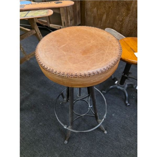 Set of 3 Industrial Bar Stools - Leather Saddle-Top, Baseball-Stitch Top & Wood/Metal Adjustable Sto