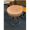 Image 1 : Set of 3 Industrial Bar Stools - Leather Saddle-Top, Baseball-Stitch Top & Wood/Metal Adjustable Sto