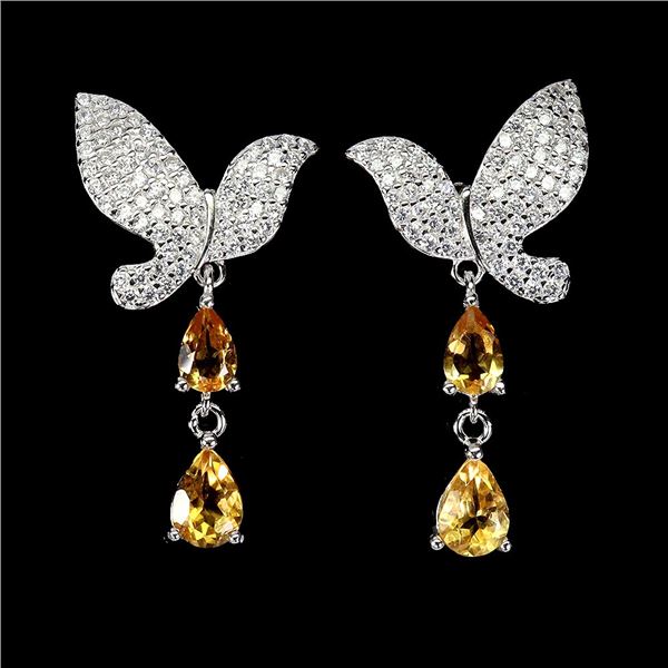 BEAUTIFUL BUTTERFLY CITRINE EARRINGS IN 14K WHITE PLATED GOLD OVER 925 STERLING SILVER - APPRAISED R