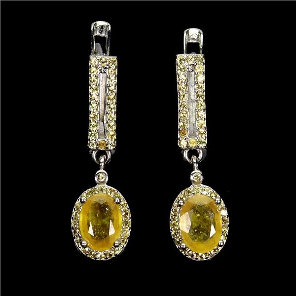YELLOW SAPPHIRE EARRINGS IN 14K WHITE PLATED GOLD OVER 925 STERLING SILVER - APPRAISED REPLACEMENT V
