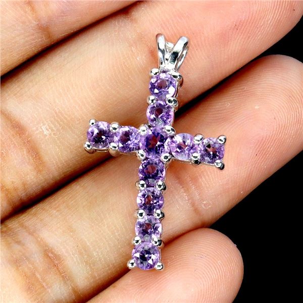 EXCEPTIONAL AMETHYST CROSS PENDANT IN 14K WHITE PLATED GOLD OVER 925 STERLING SILVER - APPRAISED REP