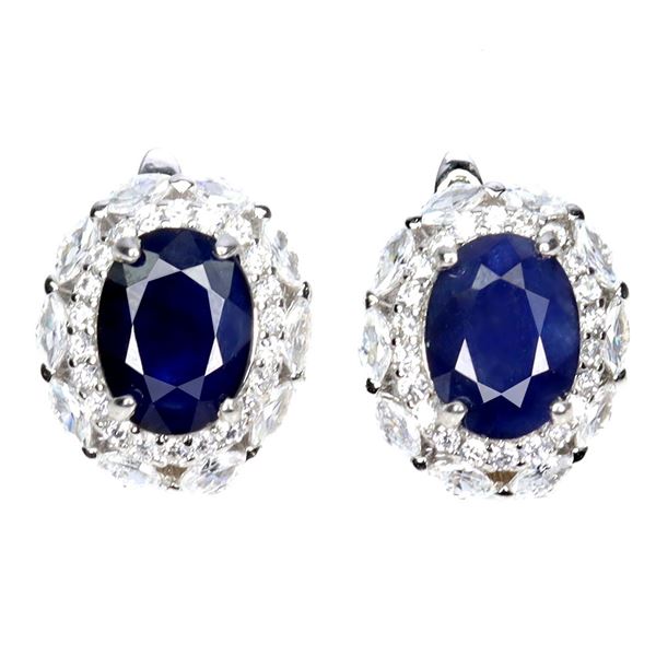 BLUE SAPPHIRE EARRINGS IN 14K WHITE PLATED GOLD OVER 925 STERLING SILVER - APPRAISED REPLACEMENT VAL