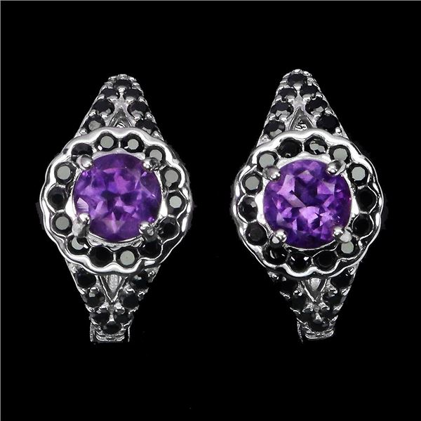 AMETHSYT AND BLACK SPINEL EARRINGS IN 14K WHITE PLATED GOLD OVER 925 STERLING SILVER - APPRAISED REP