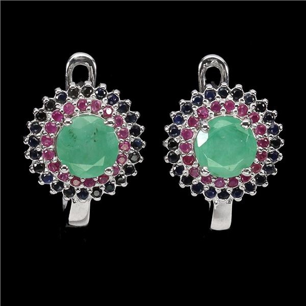 EMERALD, RUBY AND BLUE SAPPHIRE EARRINGS IN 14K WHITE PLATED GOLD OVER 925 STERLING SILVER - APPRAIS