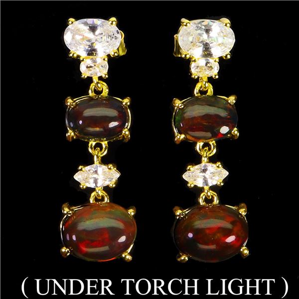 BLACK OPAL EARRINGS IN 14K YELLOW PLATED GOLD OVER 925 STERLING SILVER - APPRAISED REPLACEMENT VALUE