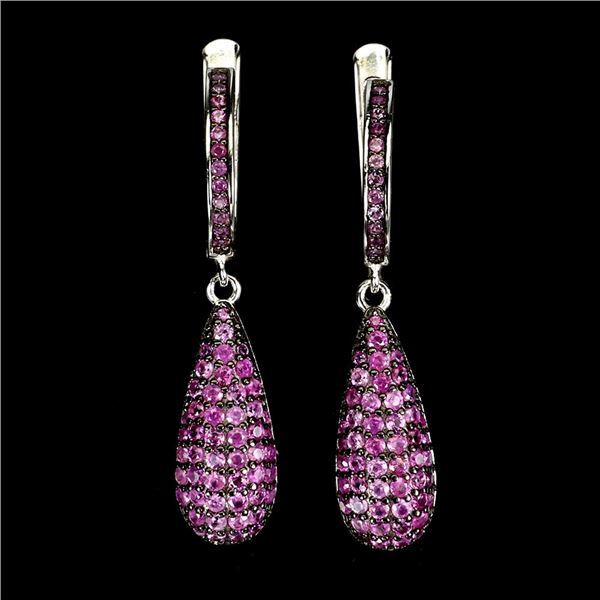 MYANMAR (BURMA) RUBY EARRINGS IN 14K WHITE PLATED GOLD OVER 925 STERLING SILVER - APPRAISED REPLACEM