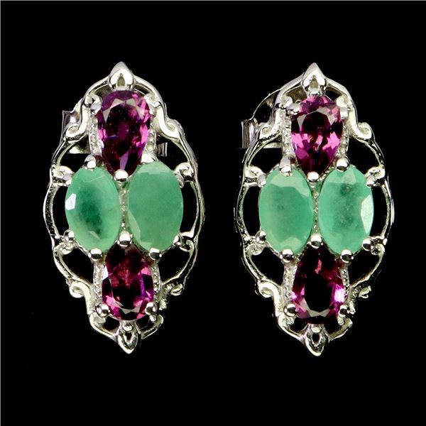 EMERALD AND RHODOLITE GARNET EARRINGS IN 14K WHITE PLATED GOLD OVER 925 STERLING SILVER - APPRAISED 