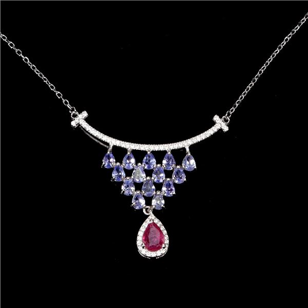 TANZANITE AND RUBY NECKLACE IN 14K WHITE PLATED GOLD OVER 925 STERLING SILVER - 19 INCHES LONG - APP