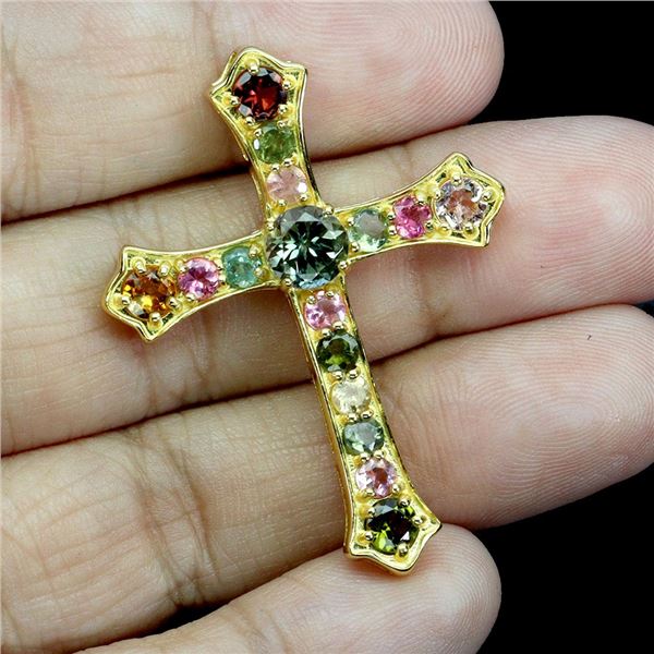 VARIOUS COLORS TOURMALINE CROSS PENDANT IN 14K YELLOW PLATED GOLD OVER 925 STERLING SILVER - APPRAIS