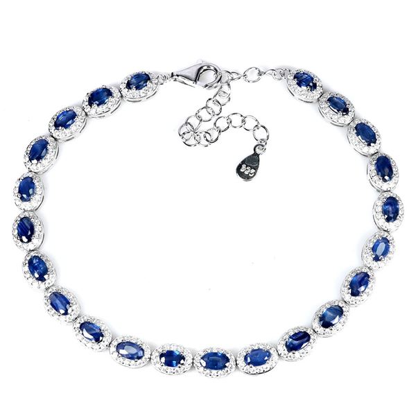 OVAL CUT BLUE SAPPHIRE IN 14K WHITE PLATED GOLD OVER 925 STERLING SILVER - 8 INCHES LONG - APPRAISED