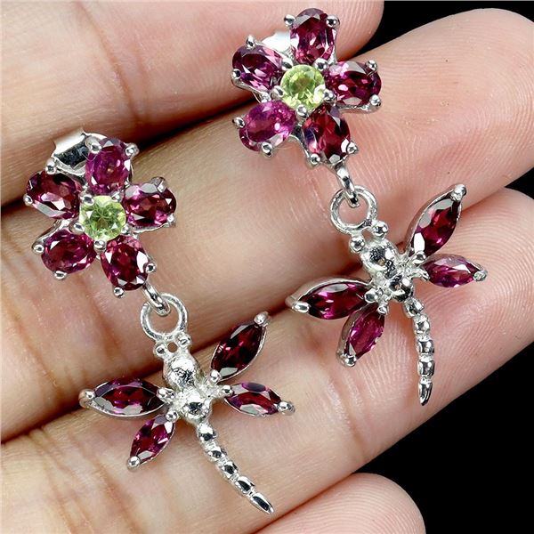 PERIDOT AND RHODOLITE GARNET EARRINGS IN 14K WHITE PLATED GOLD OVER 925 STERLING SILVER - APPRAISED 
