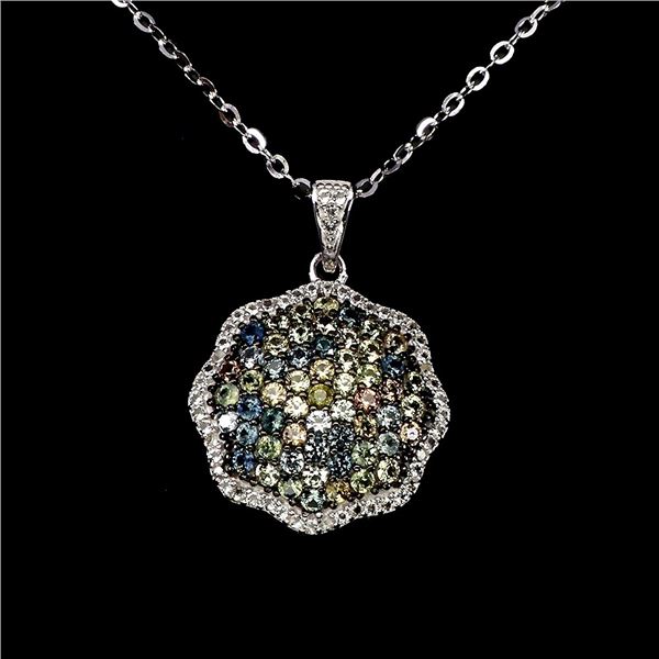 ROUND DIAMOND CUT SAPPHIRE AND TOPAZ NECKLACE IN 14K WHITE PLATED GOLD OVER 925 STERLING SILVER - 18