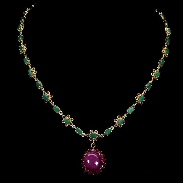 GORGEOUS EMERALD AND BIG RUBY NECKLACE IN 14K YELLOW PLATED GOLD OVER 925 STERLING SILVER - 18 INCHE
