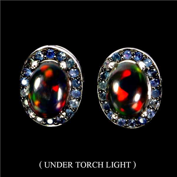 BLACK OPAL AND BLUE SAPPHIRE EARRINGS IN 14K WHITE PLATED GOLD OVER 925 STERLING SILVER - APPRAISED 