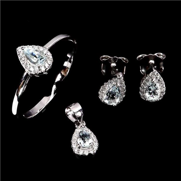 SUPERB AQUAMARINE SET -RING, EARRINGS AND PENDANT - IN 14K WHITE PLATED GOLD OVER 925 STERLING SILVE