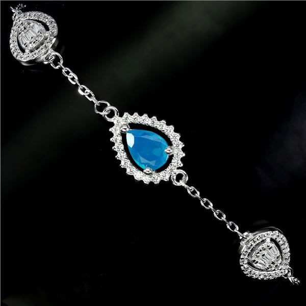 PEAR CUT BLUE OPEL BRACELET IN 14K WHITE PLATED GOLD OVER 925 STERLING SILVER - 7.5 INCHES - APPRAIS