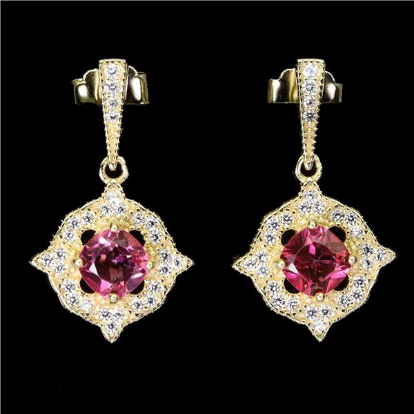 PINK TOPAZ EARRINGS IN 14K YELLOW PLATED GOLD OVER 925 STERLING SILVER - APPRAISED REPLACEMENT VALUE