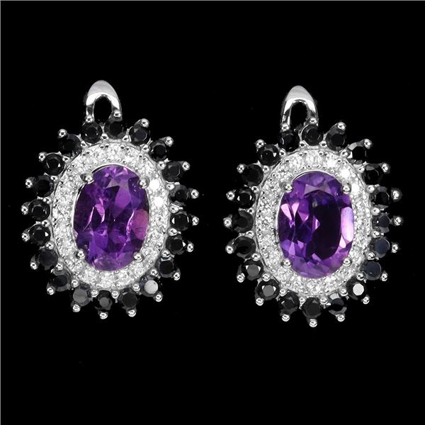 AMETHYST AND BLACK SPINEL EARRINGS IN 14K WHITE PLATED GOLD OVER 925 STERLING SILVER - APPRAISED REP