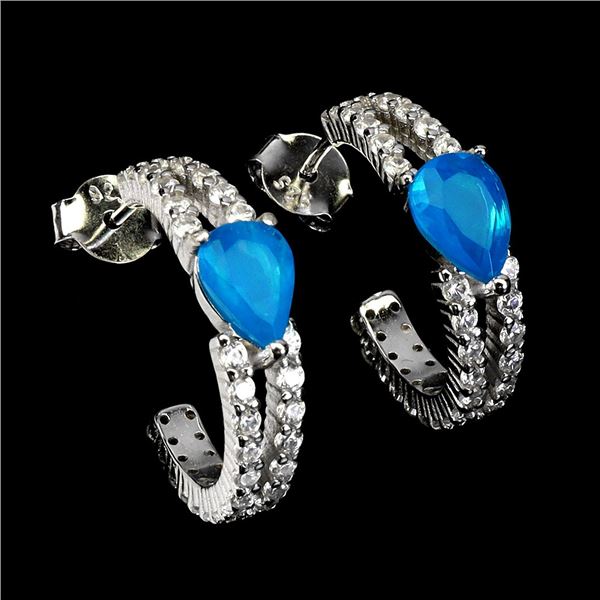 PEAR CUT BLUE OPAL EARRINGS IN 14K WHITE PLATED GOLD OVER 925 STERLING SILVER - APPRAISED REPLACEMEN