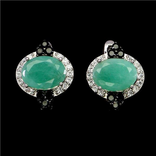 EMERALD AND BLACK SPINEL EARRINGS IN 14K WHITE PLATED GOLD OVER 925 STERLING SILVER - APPRAISED REPL