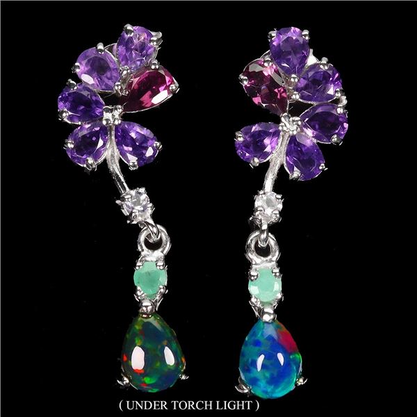 EMERALD, OPAL, AMETHYST AND RHODOLITE GARNET EARRINGS IN 14K WHITE PLATED GOLD OVER 925 STERLING SIL