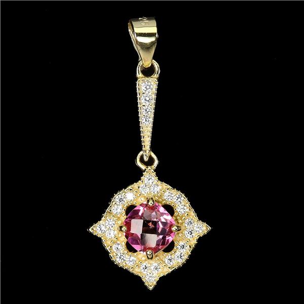 CUSHION CUT, HIGH CLARITY PINK TOPAZ PENDANT IN 14K YELLOW PLATED GOLD OVER 925 STERLING SILVER - AP