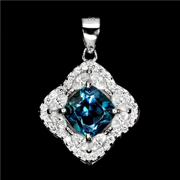 LONDON BLUE TOPAZ PENDANT IN 14K WHITE PLATED GOLD OVER 925 STERLING SILVER - APPRAISED REPLACEMENT 