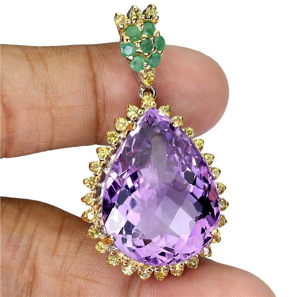 HIGH VALUE AMETHYST, EMERALD AND YELLOW SAPPHIRE PENDANT IN 14K YELLOW PLATED GOLD OVER 925 STERLING
