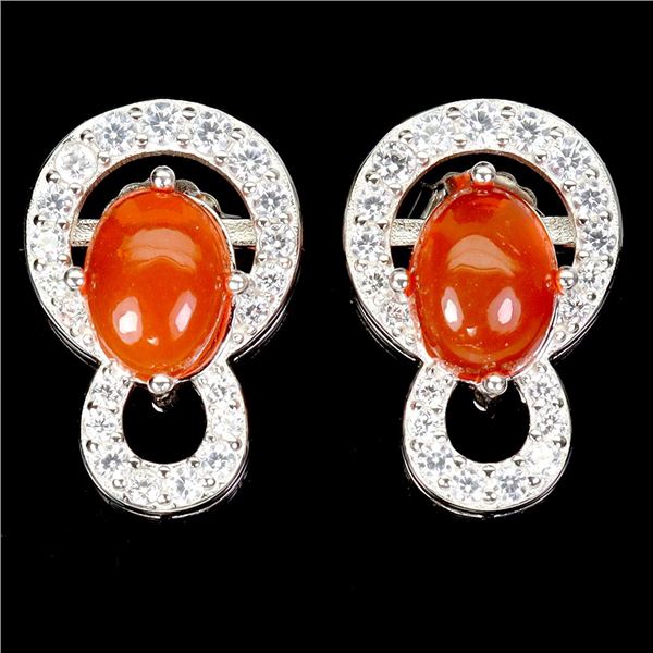 ORANGE FIRE OPAL EARRINGS IN 14K WHITE PLATED GOLD OVER 925 STERLING SILVER - APPRAISED REPLACEMENT 