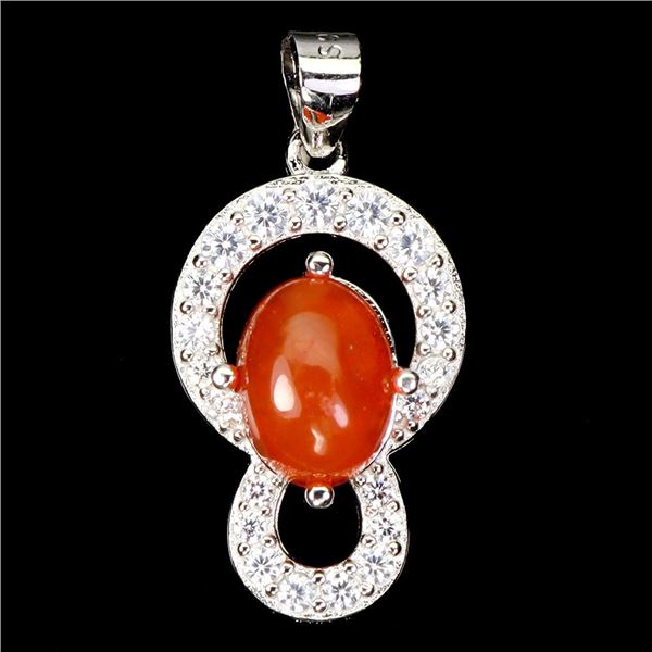 ORANGE FIRE OPAL PENDANT IN 14K WHITE PLATED GOLD OVER 925 STERLING SILVER - APPRAISED REPLACEMENT V