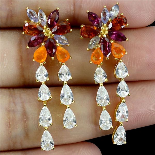 SUPERB MULTIPLE GEMSTONES EARRINGS - CITRINE, ORANGE FIRE OPAL, RHODOLITE GARNET AND TANZANITE IN 14